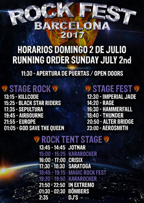 HORARIOS ROCK FEST BARCELONA 2017 - Domingo